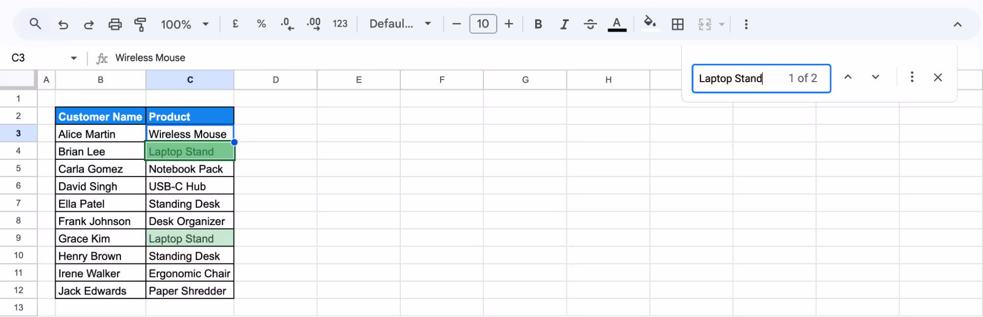 Spreadsheet showing search results highlighted using the Ctrl + F shortcut to locate matching text. i-border