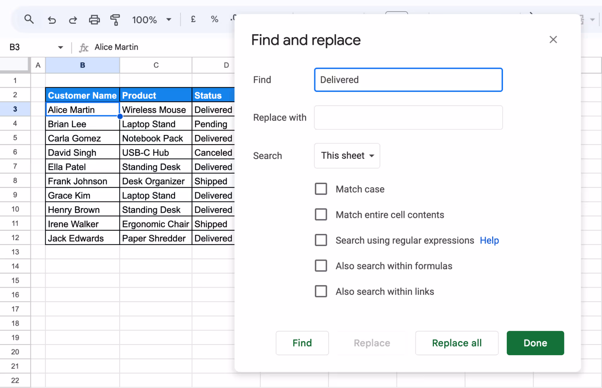 Find and Replace box filled with a word to search for matching cell content in a column. i-border