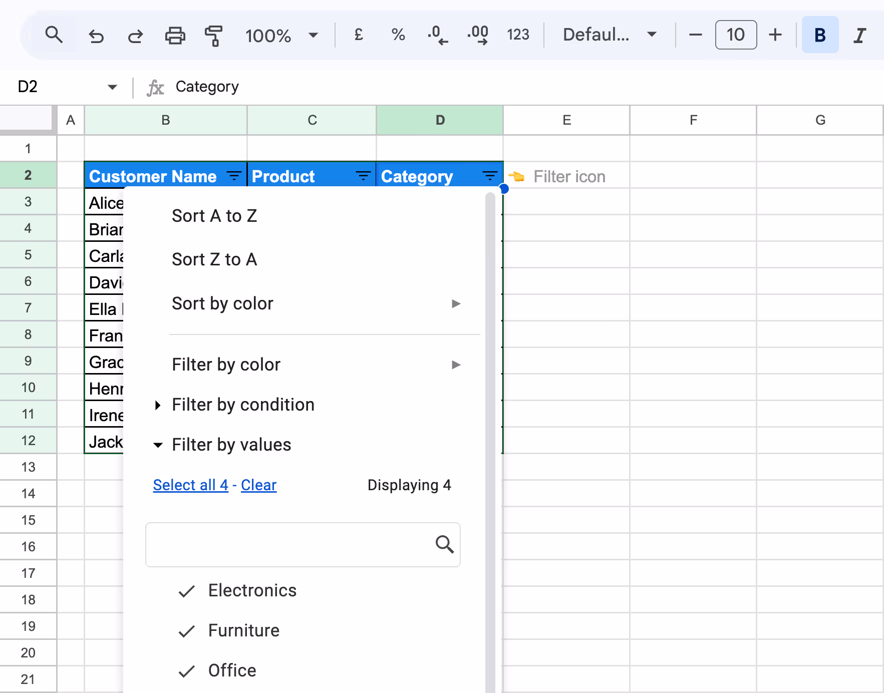 Filter icon in Google Sheets used for filtering data based on requirement for ease of analysis. i-border 