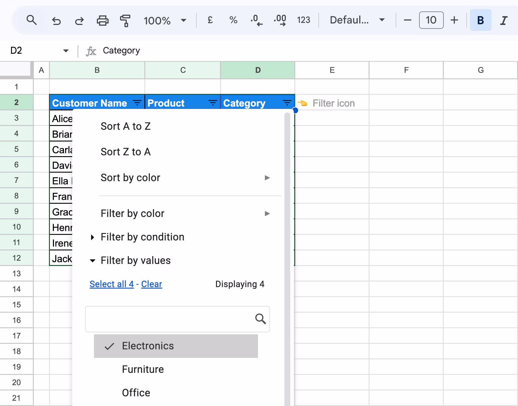 Filter dropdown expanded on a column showing options to filter by individual values or categories. i-border