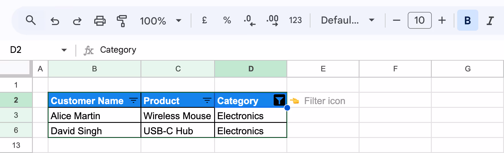 Google Sheets view filtered to only show rows that match selected criteria from a category column. i-border