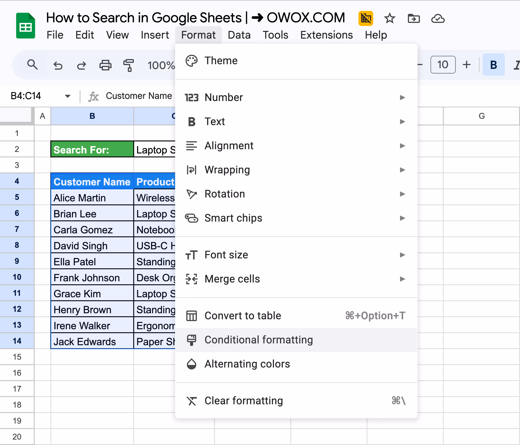 Format menu expanded in Google Sheets with the Conditional Formatting option highlighted for cell styling. i-border