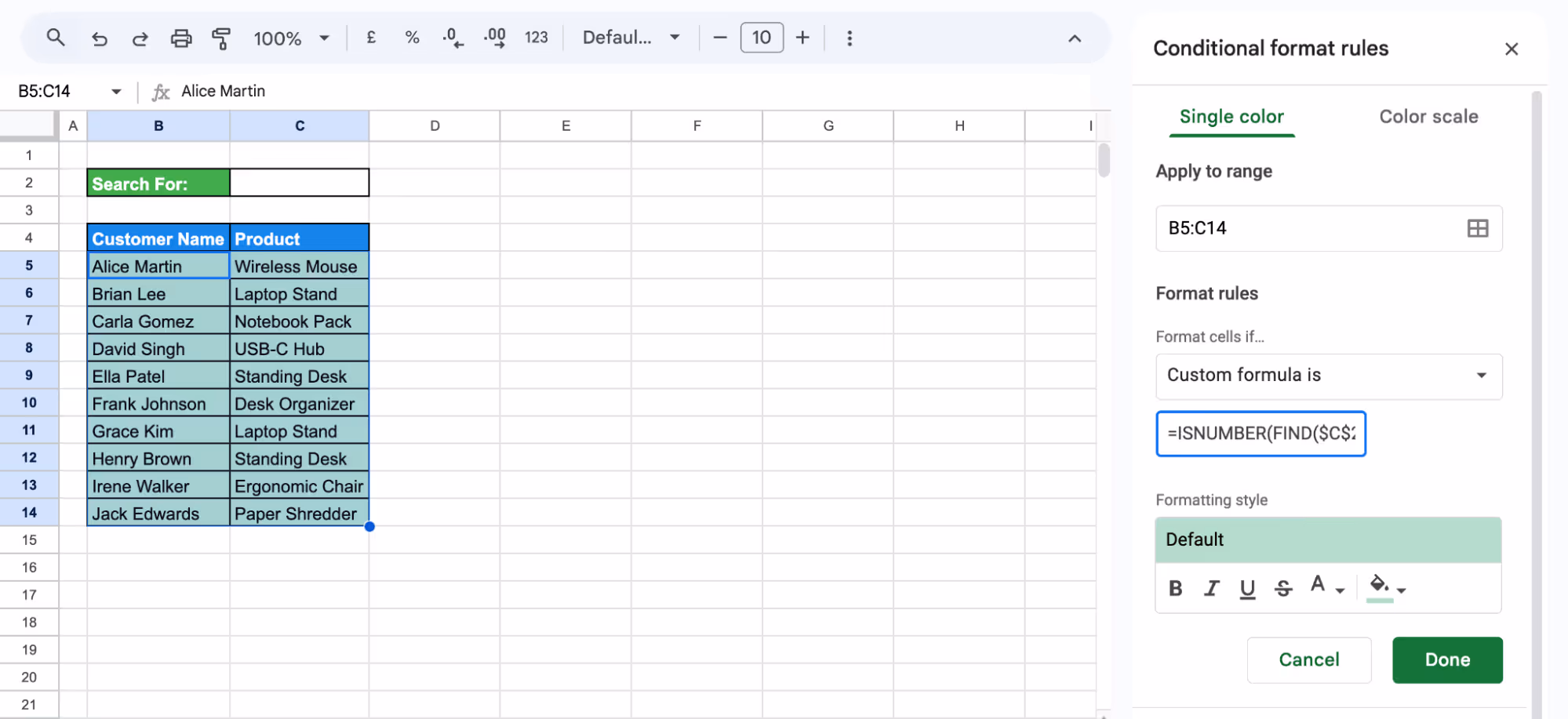 Setting up conditional formatting in Google Sheets with a custom formula to highlight rows containing a specific text from a search cell. i-border