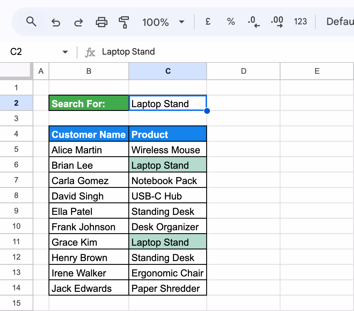 Google Sheets showing a custom search bar where the term specific term is typed to dynamically highlight matching rows. i-border