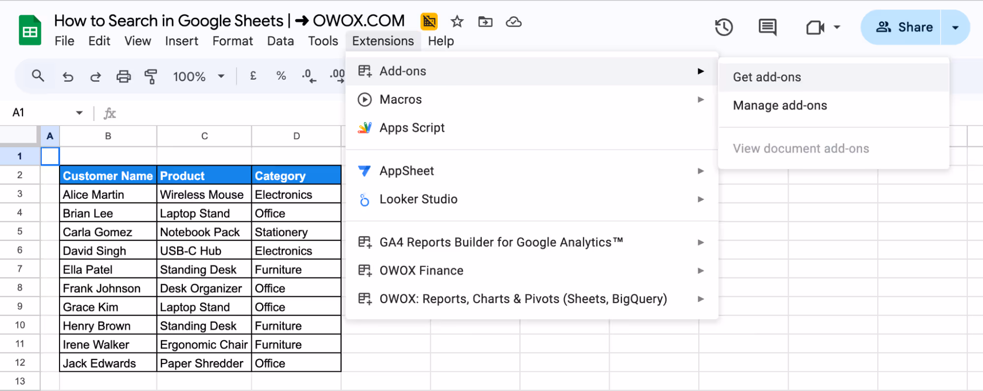 Extensions menu in Google Sheets expanded to show the option to access and install add-ons. i-border