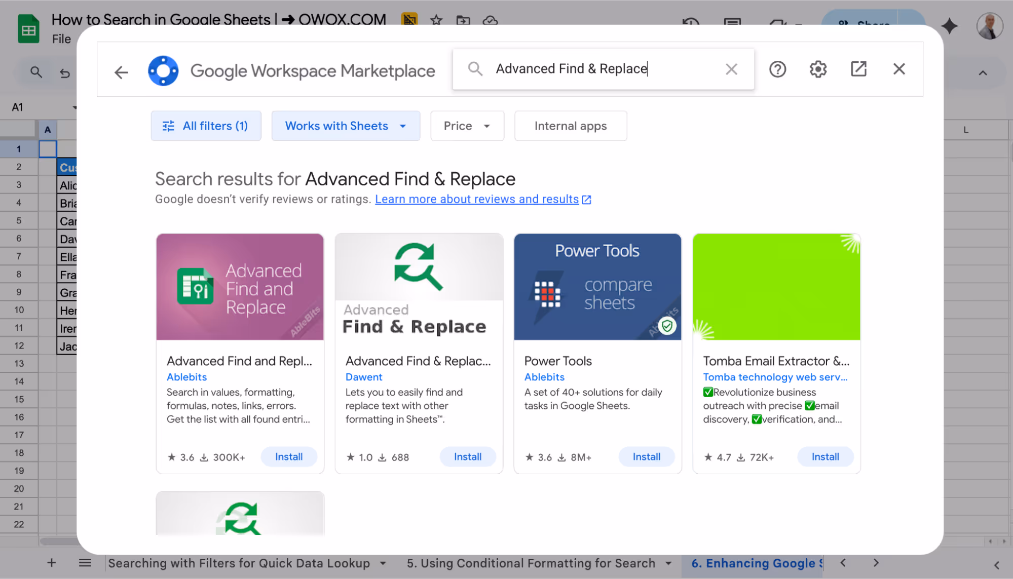 Google Workspace Marketplace search results for “Advanced Find & Replace for Sheets” showing multiple add-on options.
