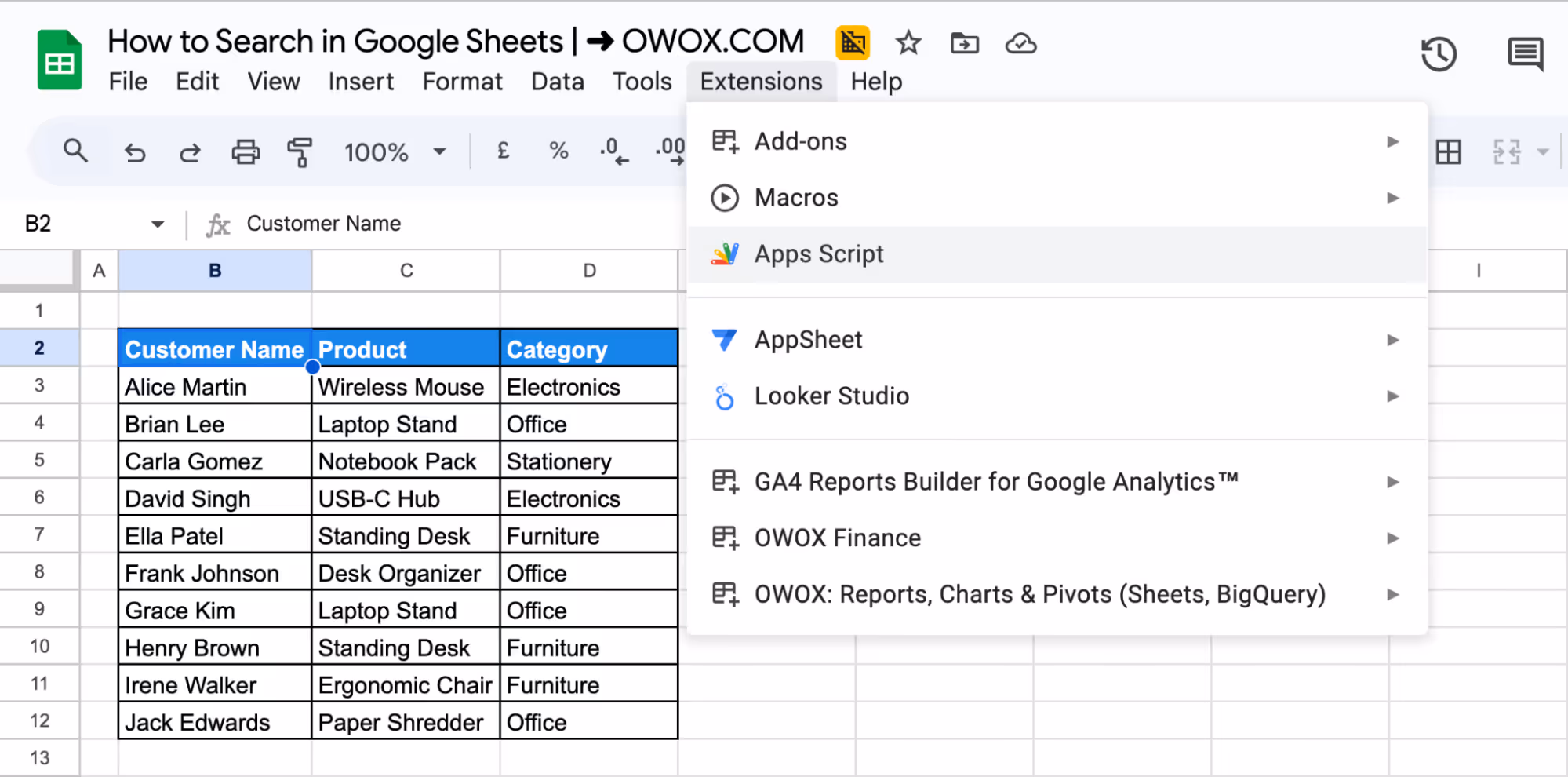 Extensions menu in Google Sheets with the Apps Script option highlighted, ready for custom script creation. i-border