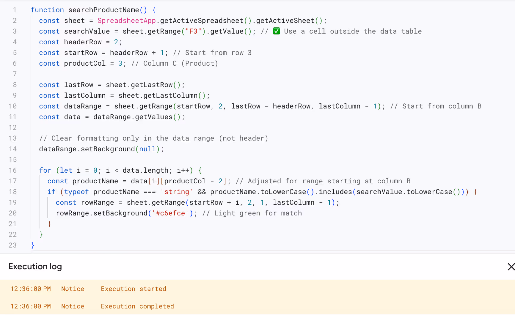 Code in Apps Script for highlighting “Product” column containing “Chair”, ready for custom script creation.