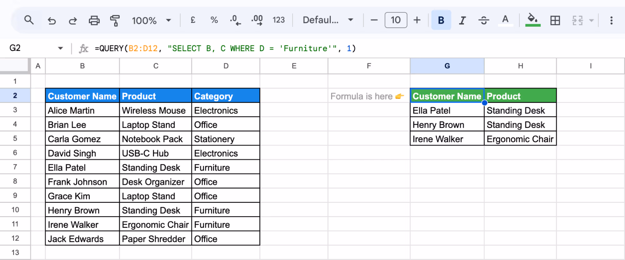 Using QUERY Function in Google Sheets to extract specific rows from a dataset based on a text condition in one column, showing a reduced filtered output. i-border