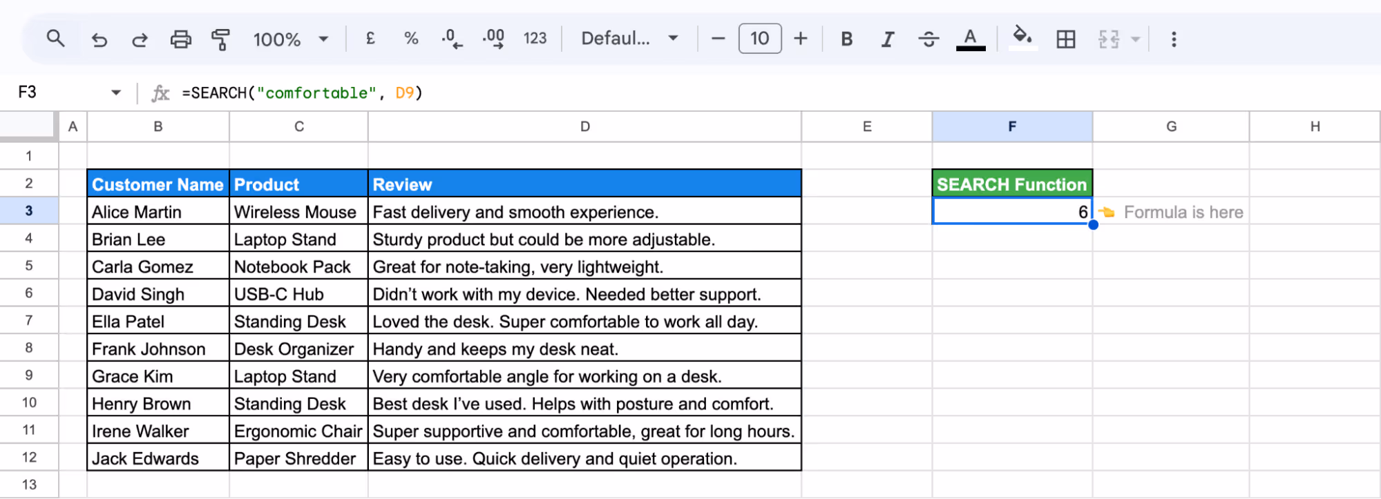 Applying SEARCH formula in Google Sheets to identify the position of a specific word within a cell's content, using a case-insensitive function that returns a numeric result. i-border