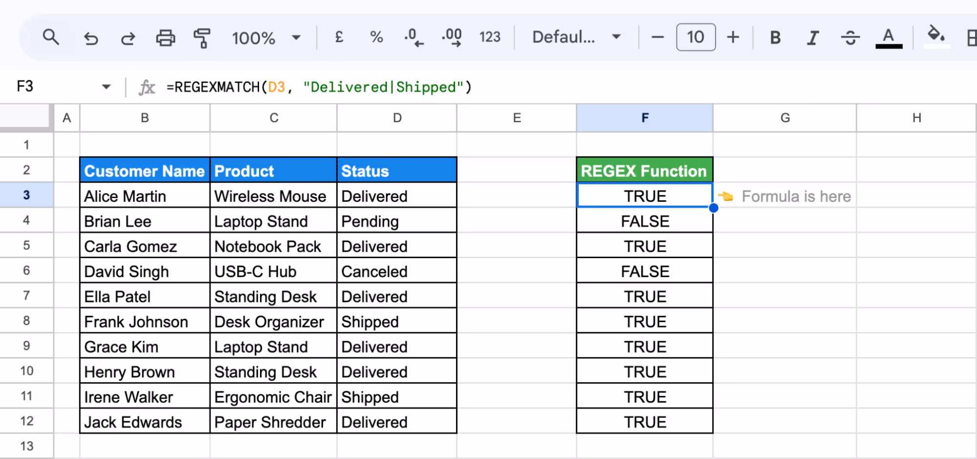 Using REGEXMATCH formula in Google Sheets to check if a column contains specific text values and return TRUE or FALSE results. i-border