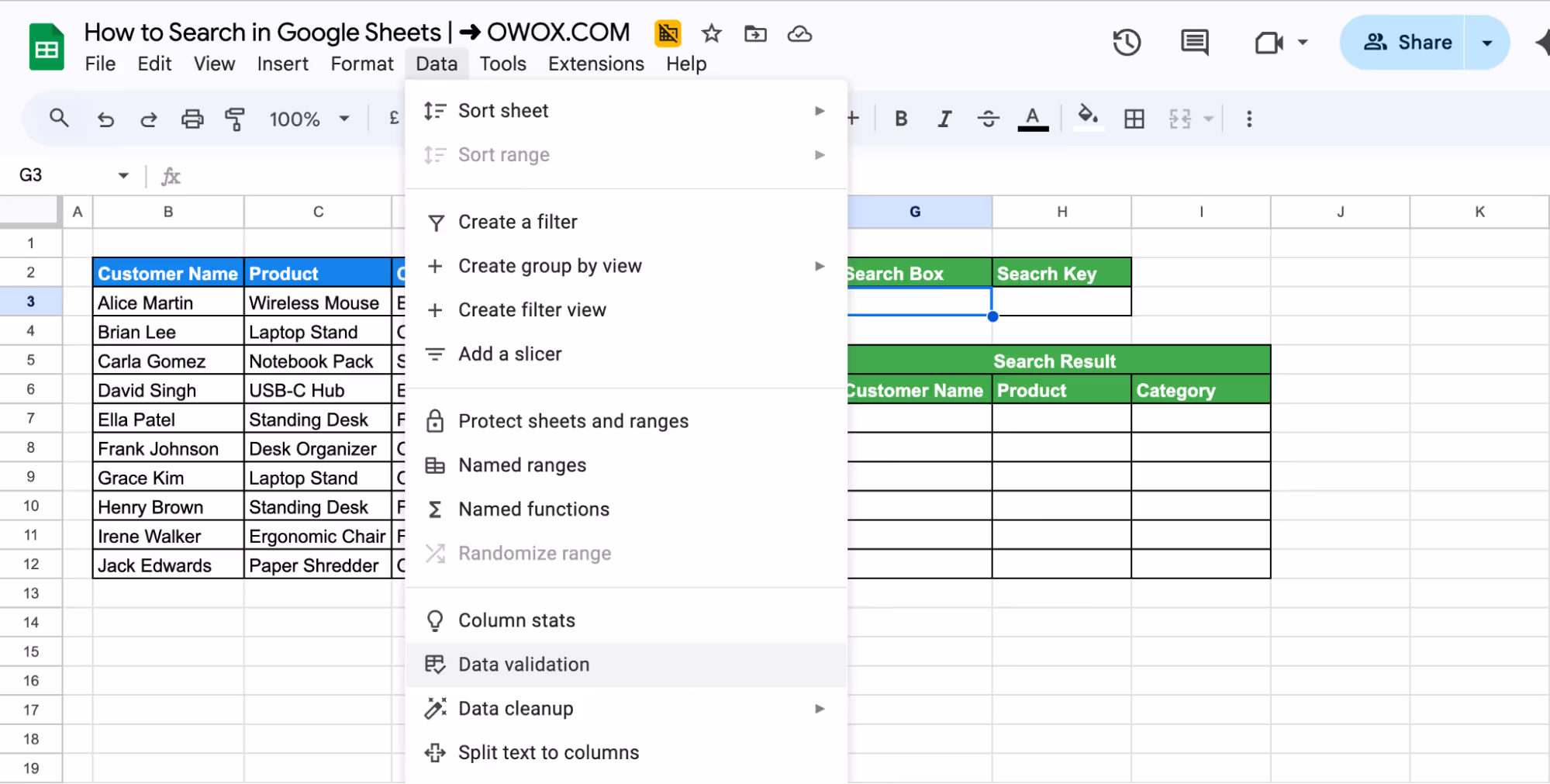 Data menu in Google Sheets showing the option to apply Data Validation for creating dropdown search filters. i-border