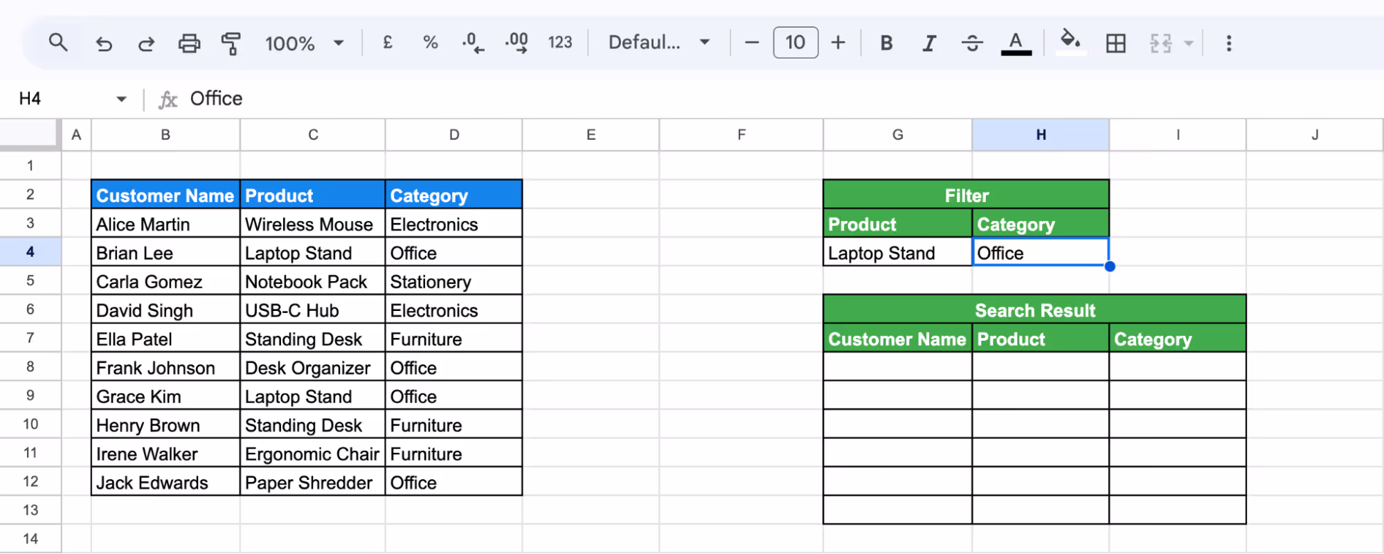 Using FILTER and SEARCH with IFERROR to return specific matching rows in the result section. i-border