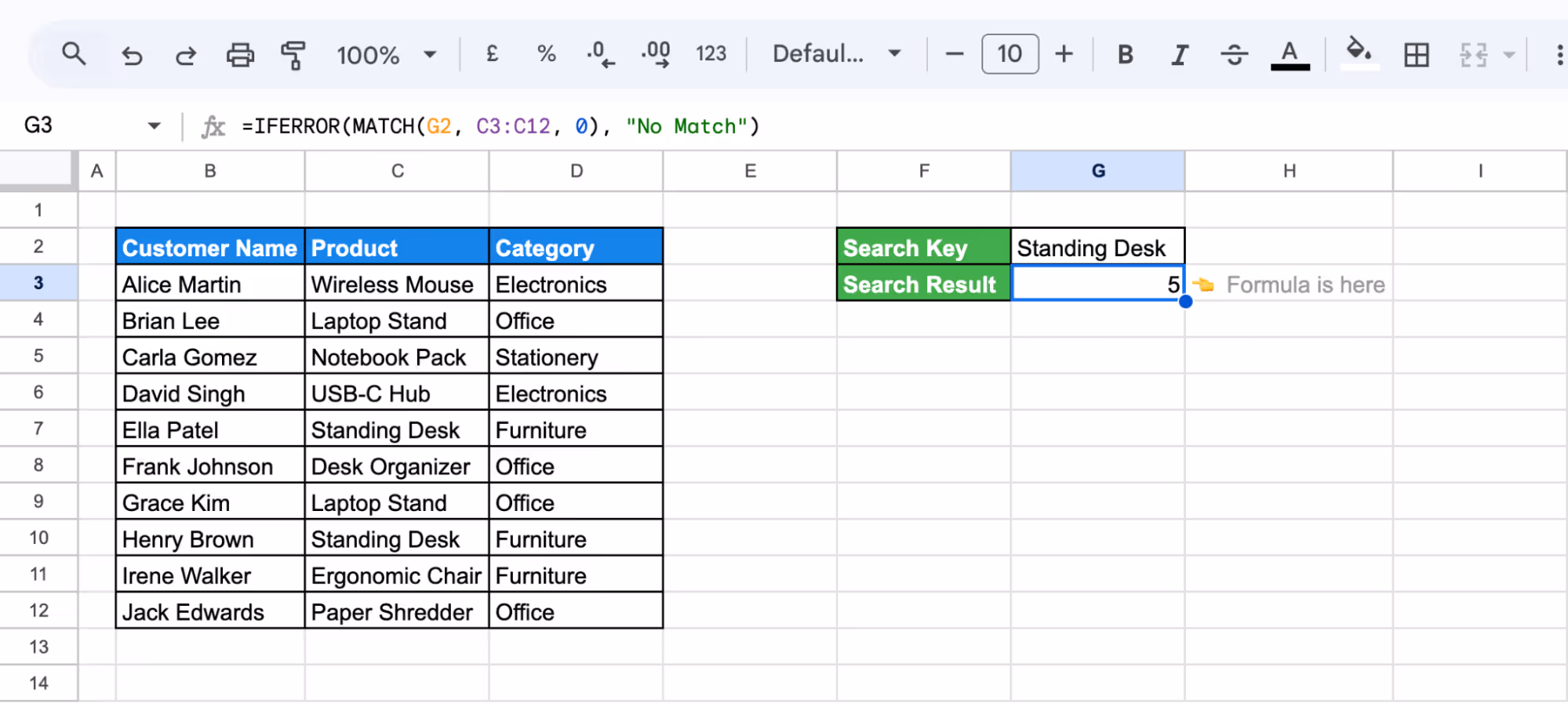Applying MATCH with IFERROR in Google Sheets that returns the position of a value in a column based on a search key. i-border