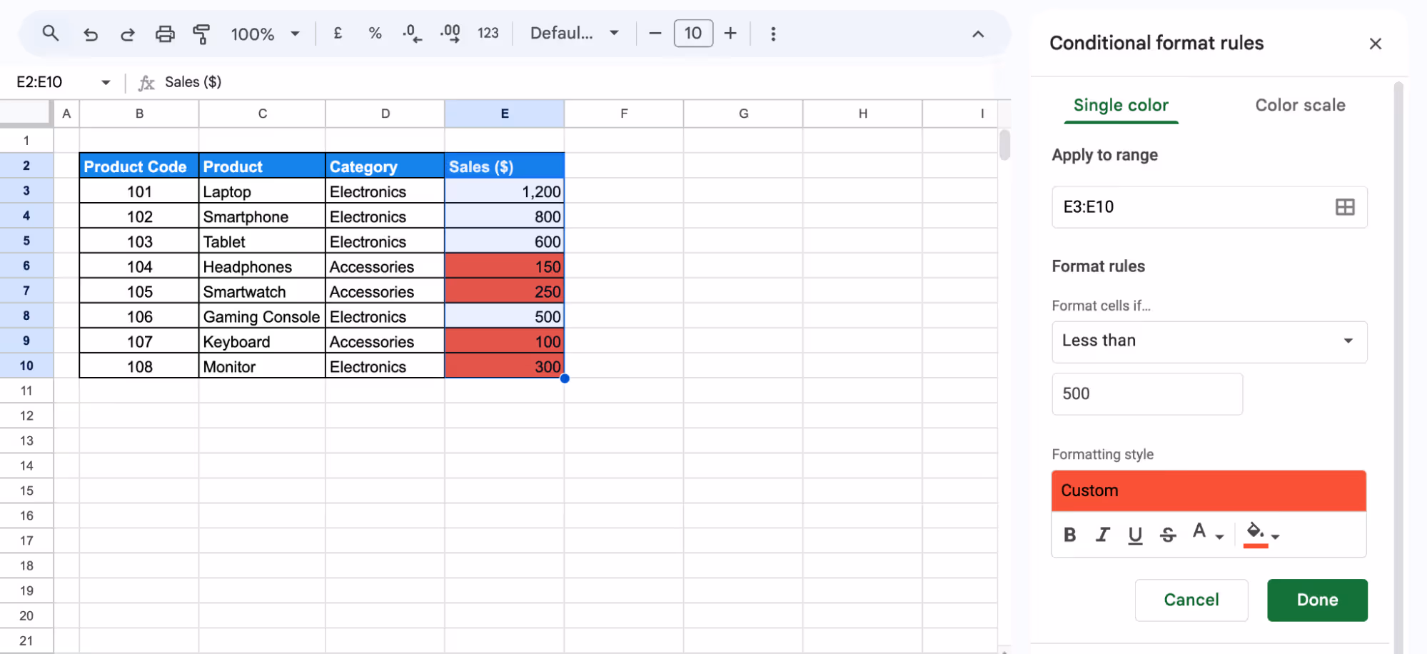 Configuring conditional formatting in Google Sheets to highlight significant trends. i-border
