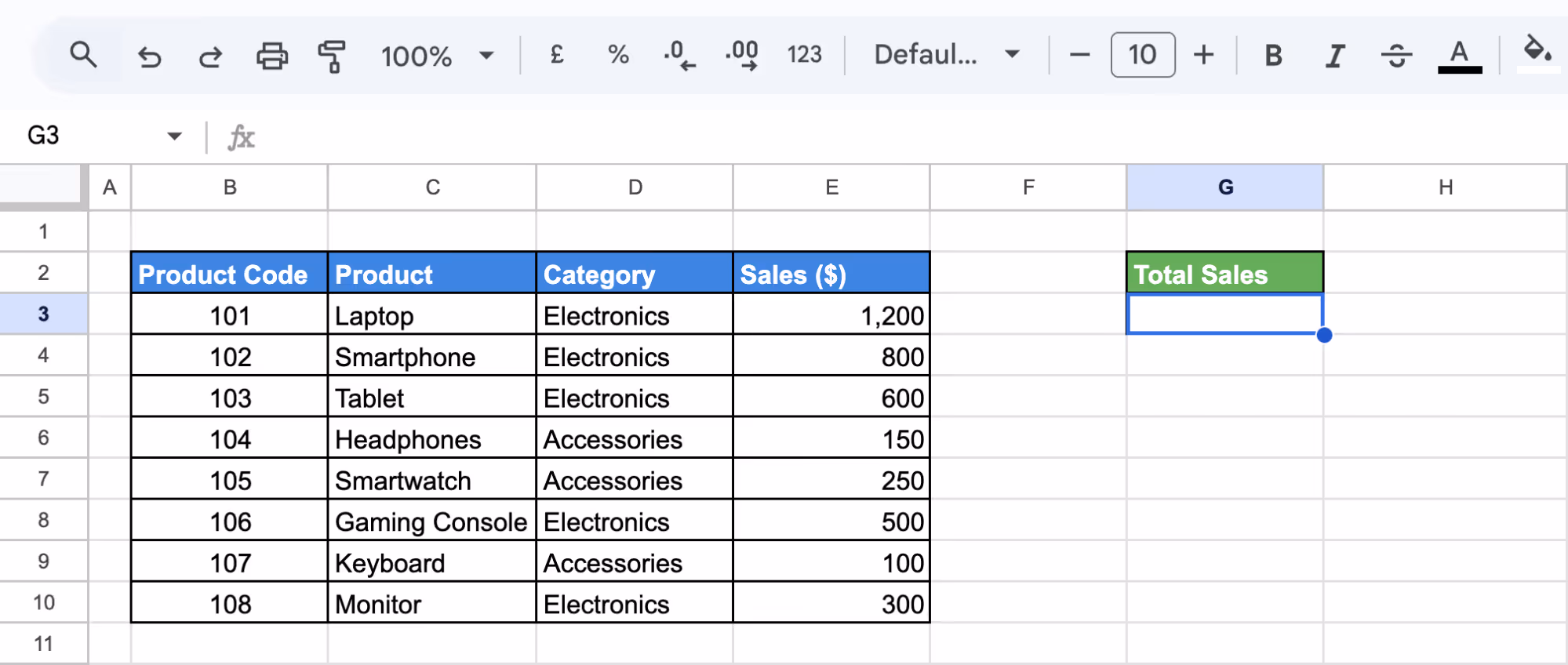 Setting up a column in Google Sheets to calculate total sales. i-border