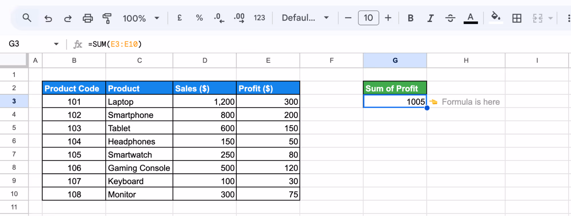 Displaying sum function results with successful formula application in google sheets. i-border