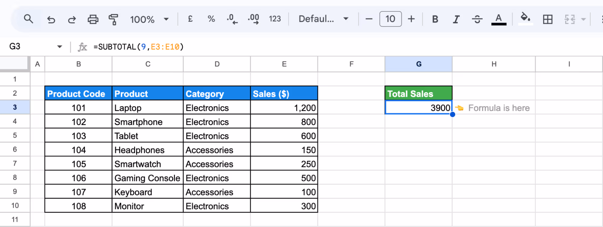 Applying the SUBTOTAL function in Google Sheets to dynamically sum sales values. i-border