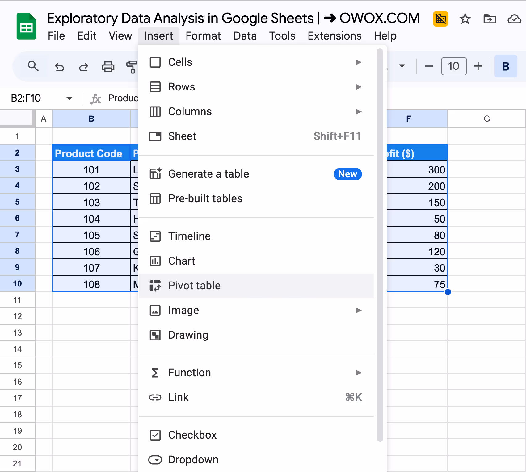 Inserting a Pivot Table in Google Sheets to analyze data. i-border