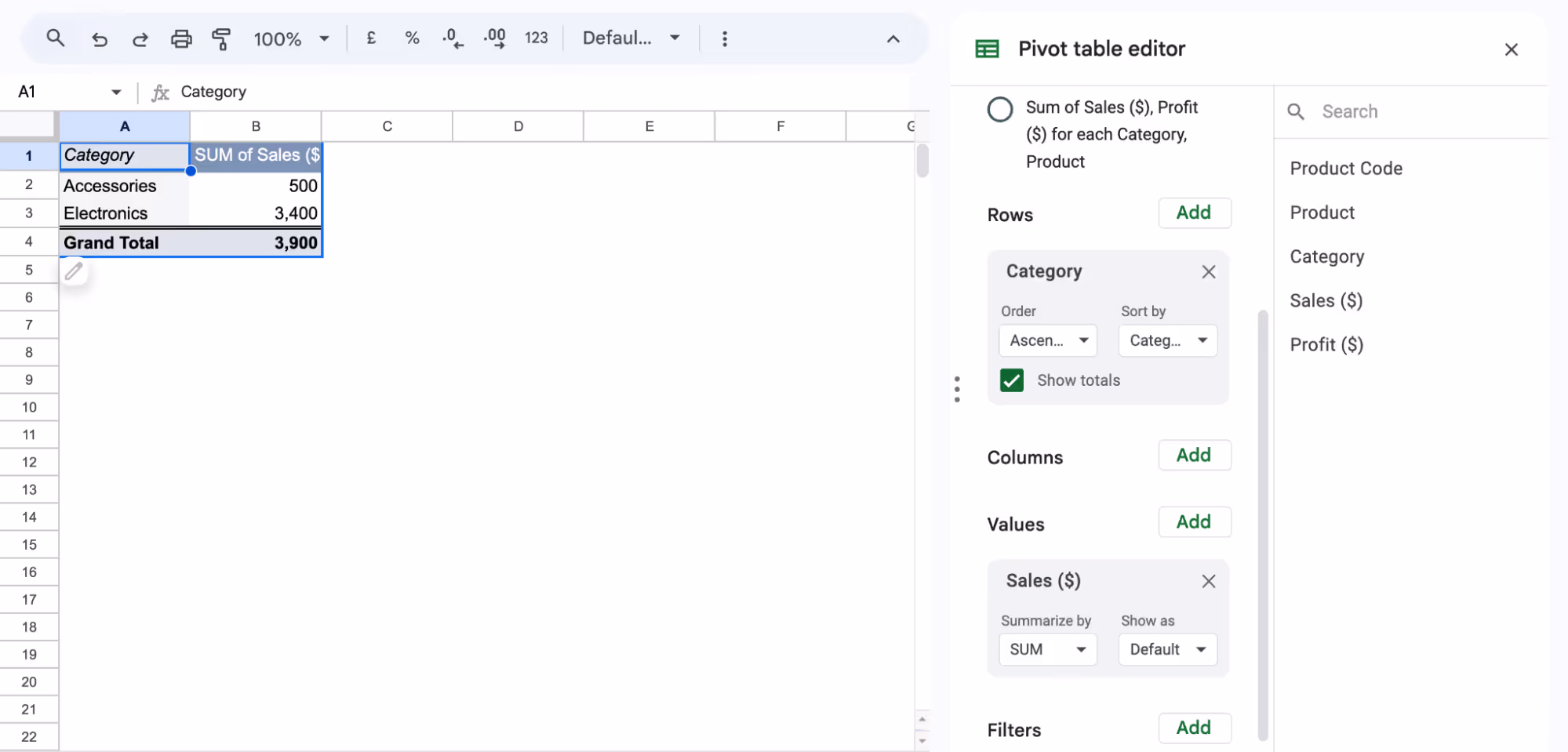 Using the Pivot Table editor in Google Sheets to categorize sales data. i-border