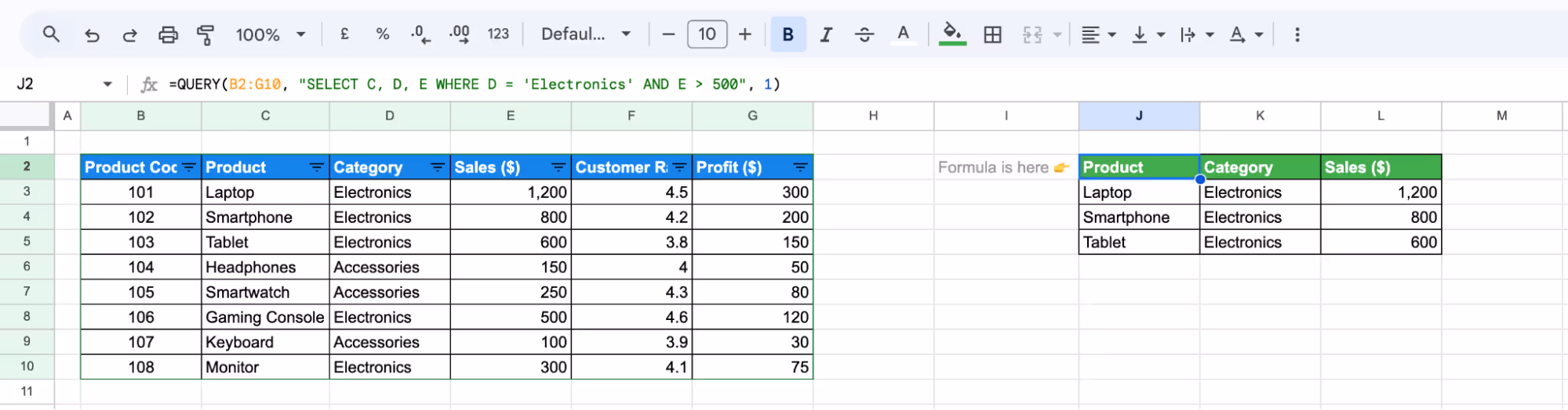 Using the QUERY function in Google Sheets to filter and extract data for a particular category. i-border