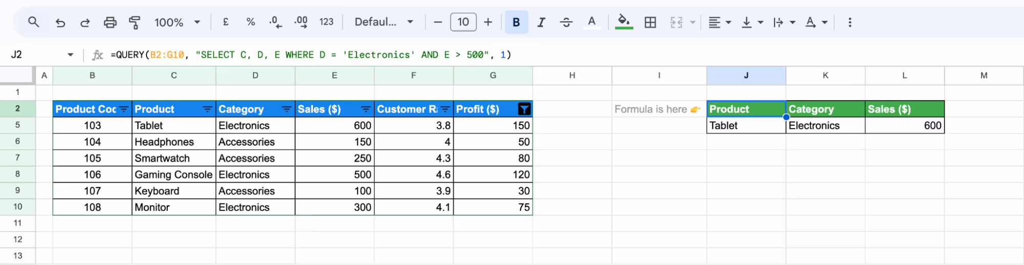 Applying the QUERY function in Google Sheets to retrieve specific product sales based on conditions. i-border