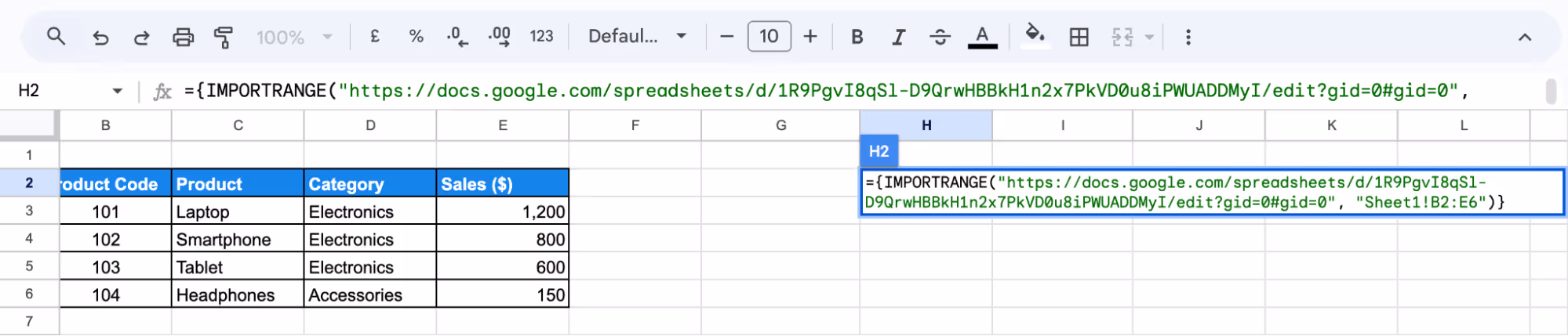 Using the IMPORTRANGE function in Google Sheets to link and import data from another spreadsheet. i-border
