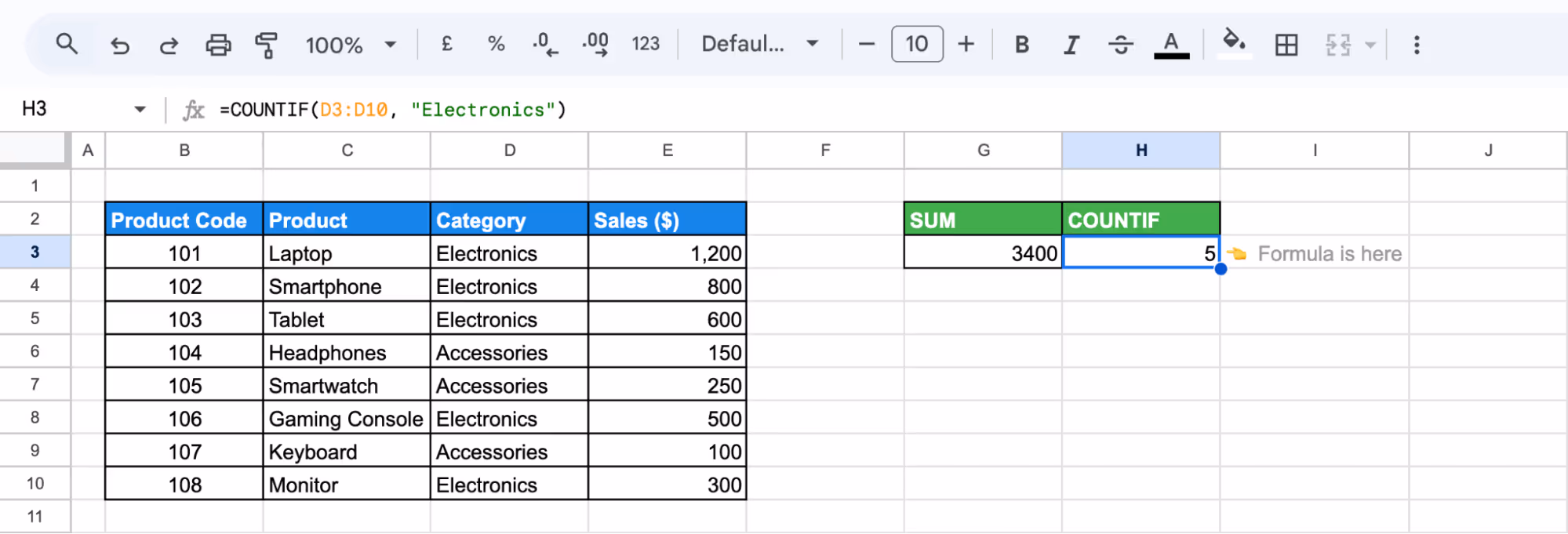 Applying the COUNTIF function in Google Sheets to count the number of category entries. i-border