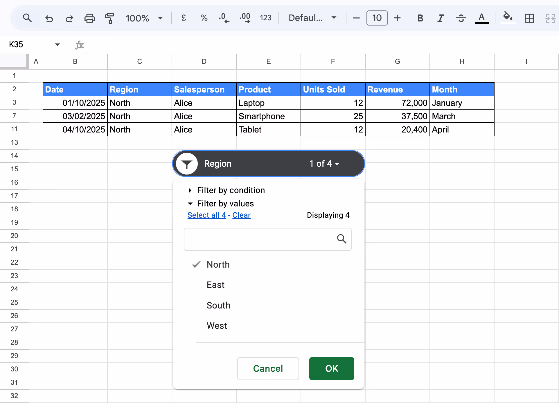 Region slicer in action with filter values displayed and “North” selected, resulting in filtered sales data below. i-border