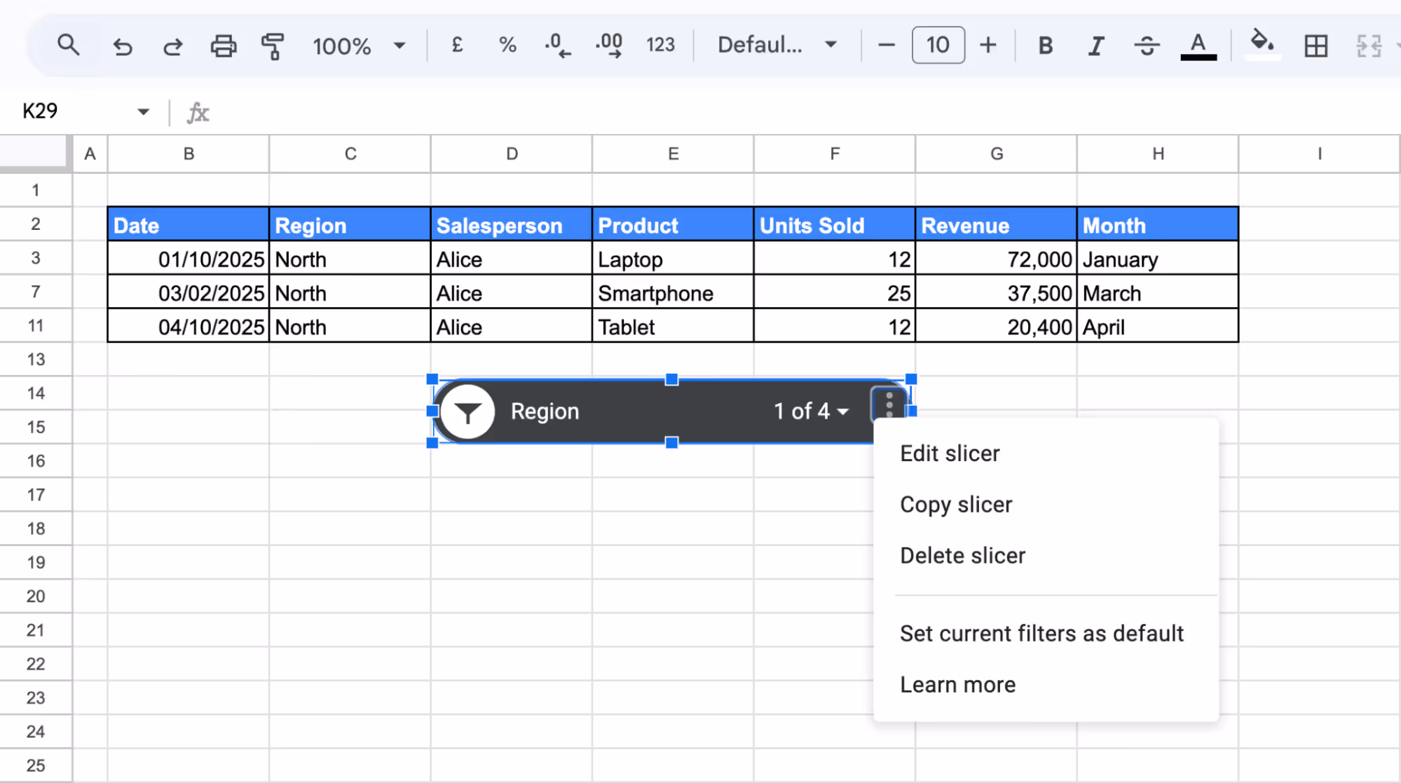 Slicer options menu showing the "Edit slicer" option selected for modifying slicer settings. i-border