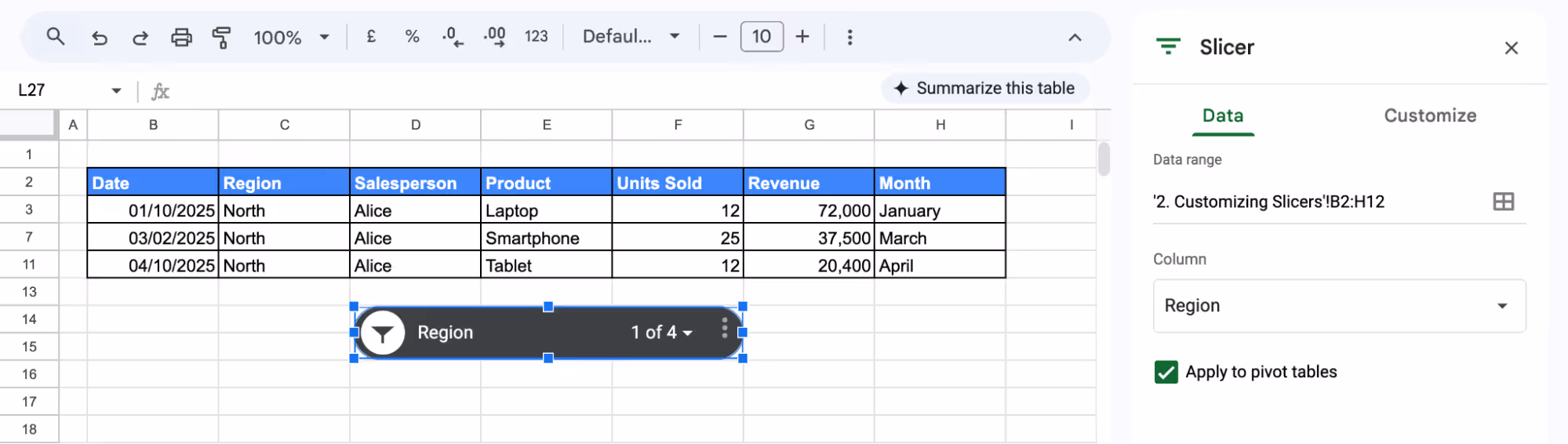 Slicer settings panel with “Apply to pivot tables” checkbox enabled, ensuring the slicer filters multiple pivot tables. i-border