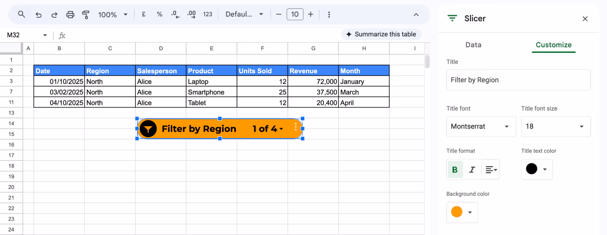 Customize tab of the slicer settings where title, font, size, format, and background color can be modified. i-border