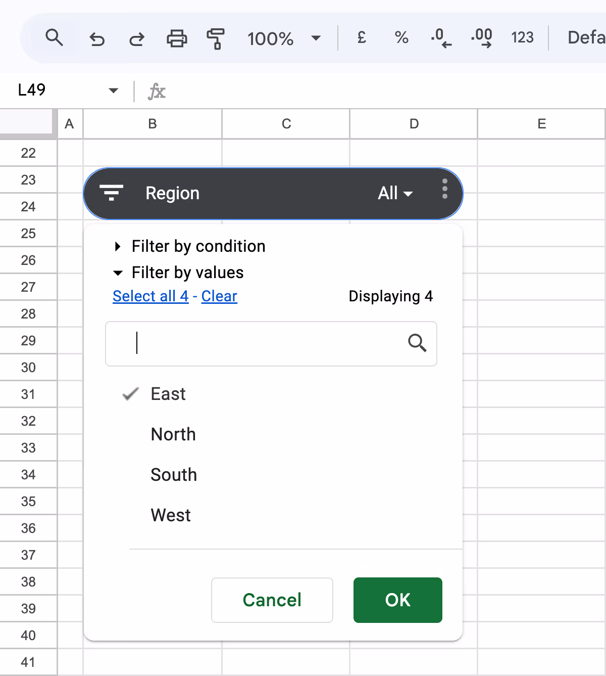 Region slicer dropdown showing four selectable values: East, North, South, and West with East Selected. i-border