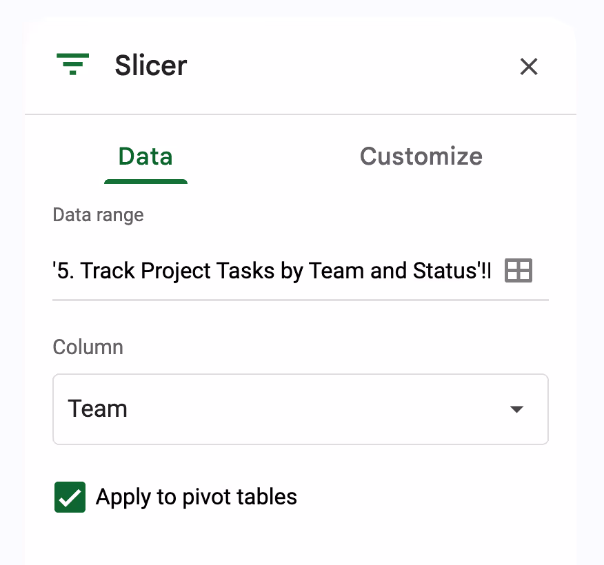 Slicer settings with 'Team' selected as the filter column and the option to apply to pivot tables enabled. i-shadow