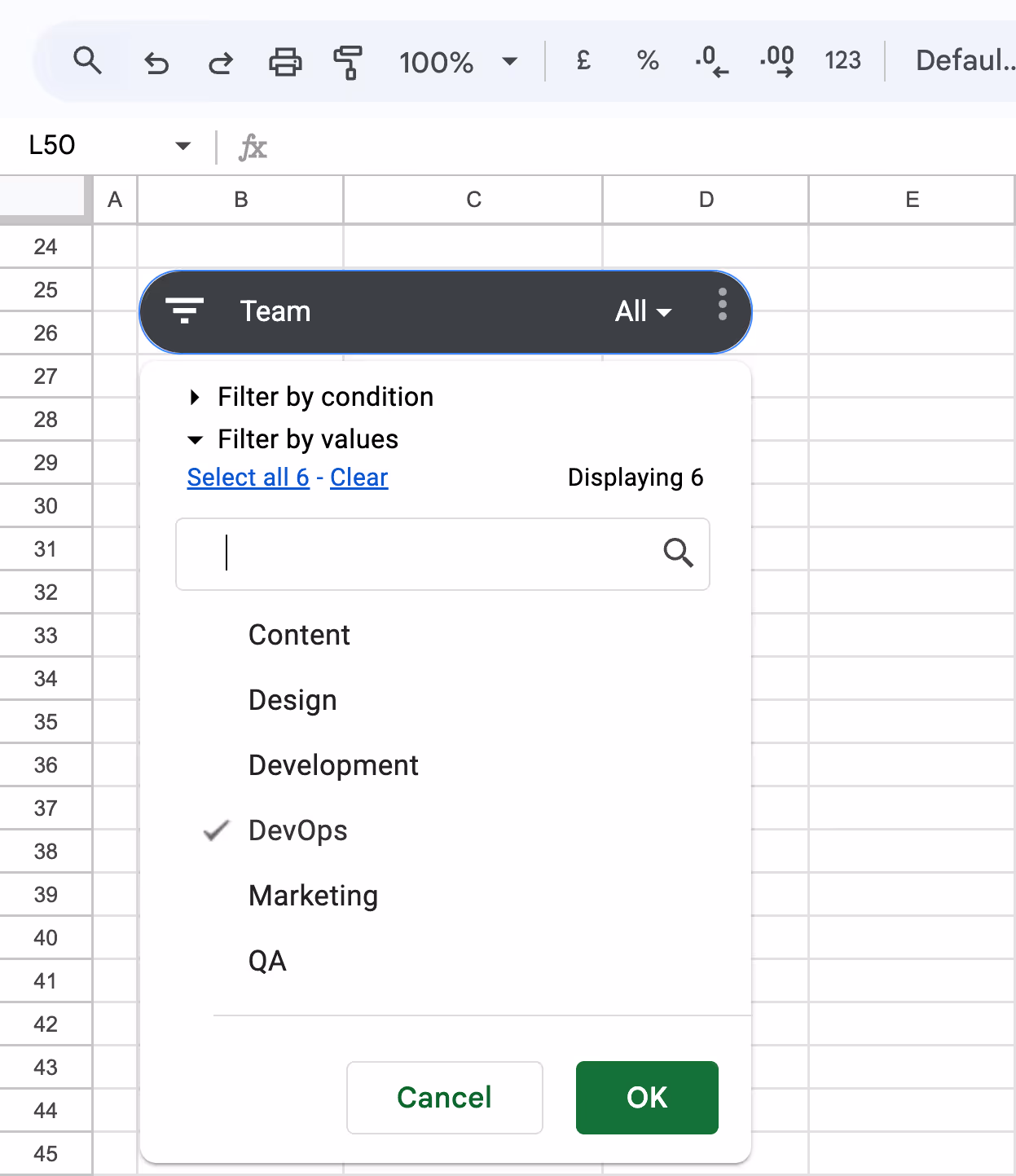 Team slicer dropdown with options including Content, Design, DevOps, and others; DevOps is selected. i-shadow