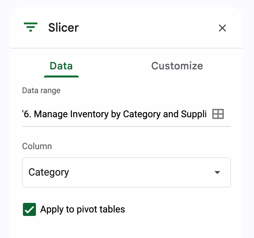 Slicer settings panel in Google Sheets with 'Category' selected as the column to filter inventory data. i-shadow
