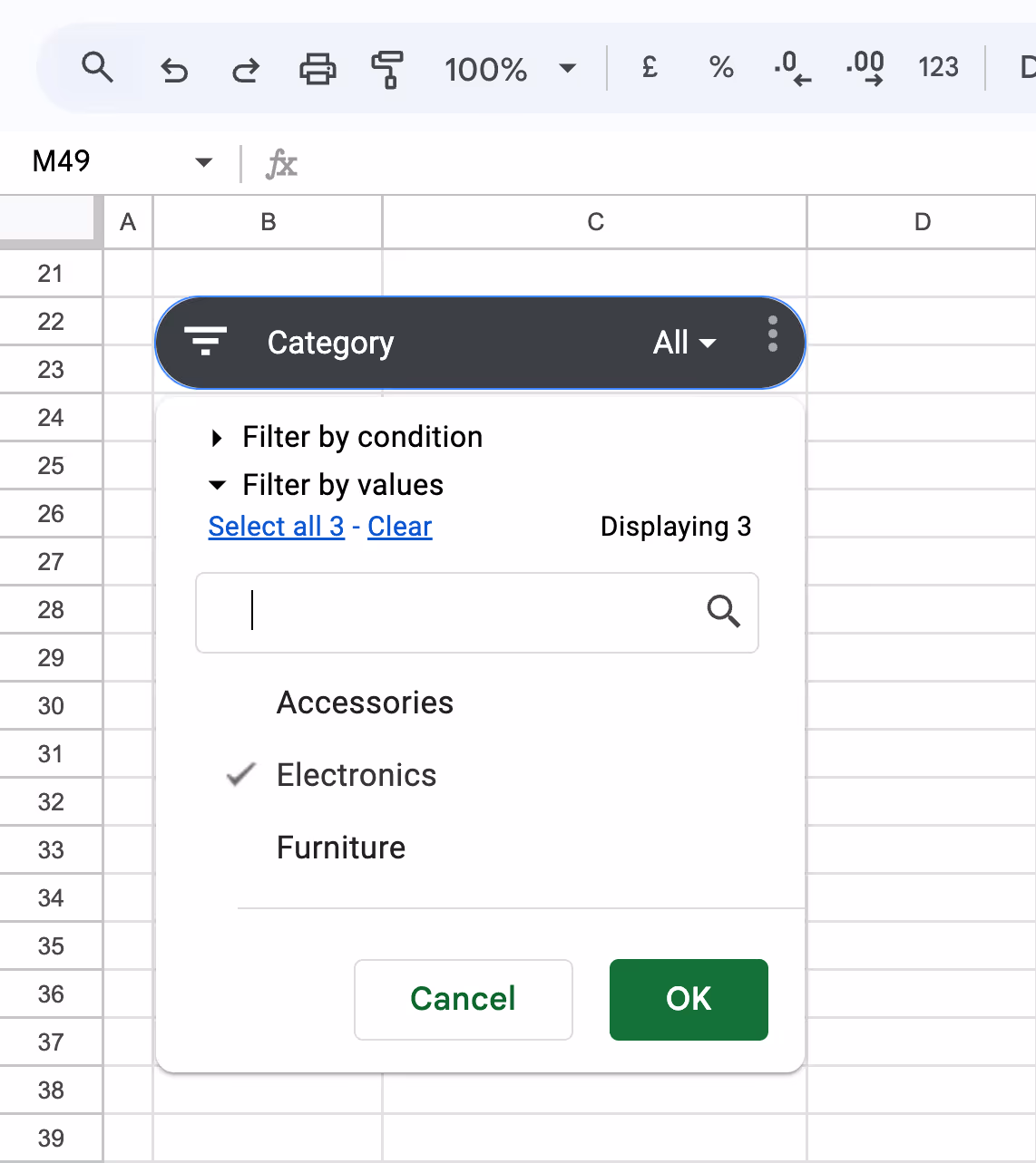Category slicer dropdown showing selectable inventory categories: Accessories, Electronics, and Furniture. i-shadow