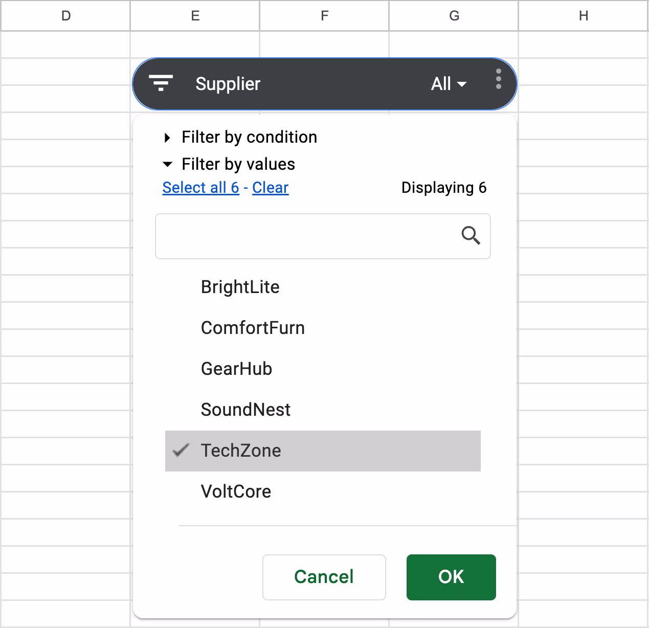 Supplier slicer dropdown menu listing suppliers and TechZone being selected for inventory filtering. i-shadow