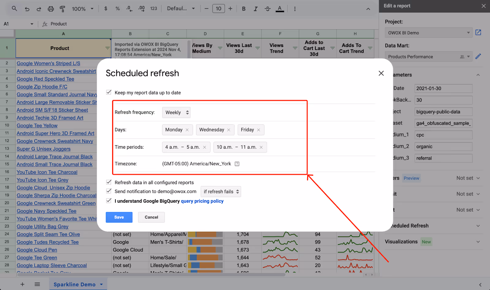 Scheduled refresh settings in OWOX Reports showing weekly updates, with specific time windows and timezone configuration.