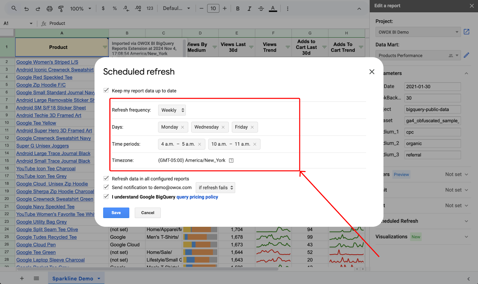 Scheduled refresh settings in OWOX Reports showing weekly updates, with specific time windows and timezone configuration.