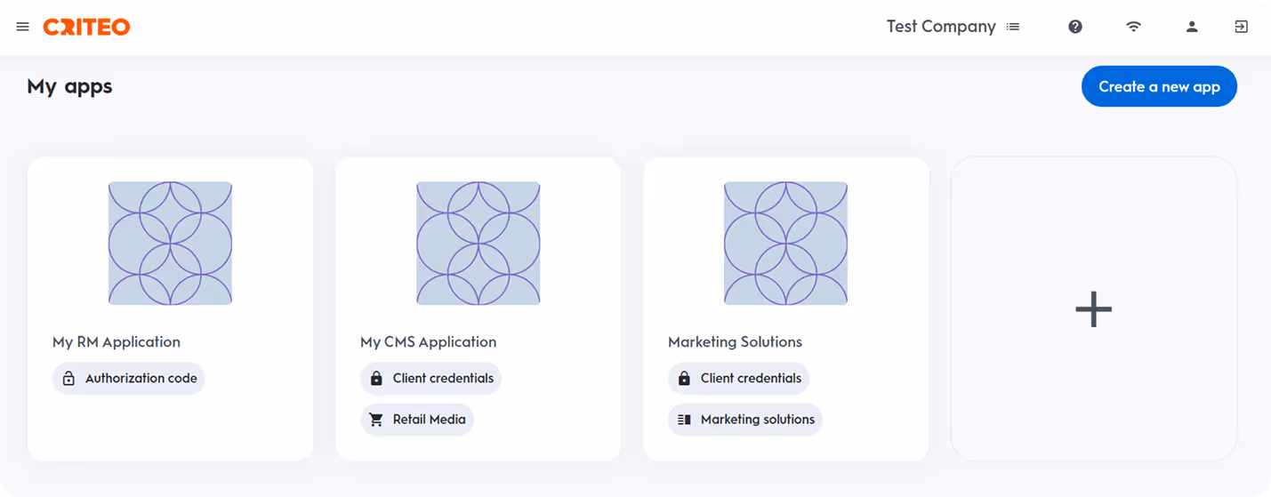 My Apps section in Criteo developer portal with option to create a new app highlighted. i-shadow