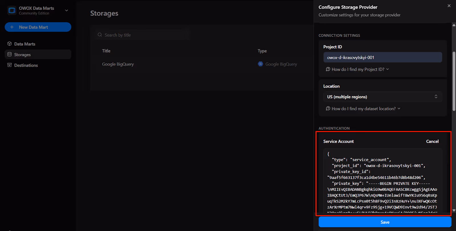 OWOX connector configuration labeled ‘OWOX Service Account JSON Field’ where users paste their service account key for authentication. i-shadow