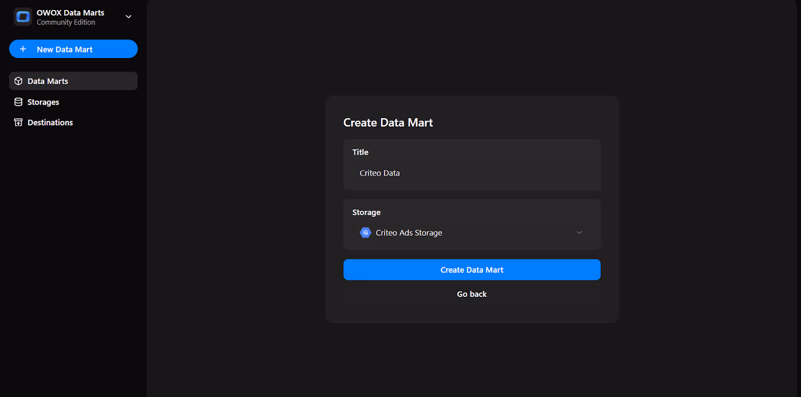 Create Data Mart screen with title set to " Criteo Data" and storage selected as "Criteo Ads Storage". i-shadow