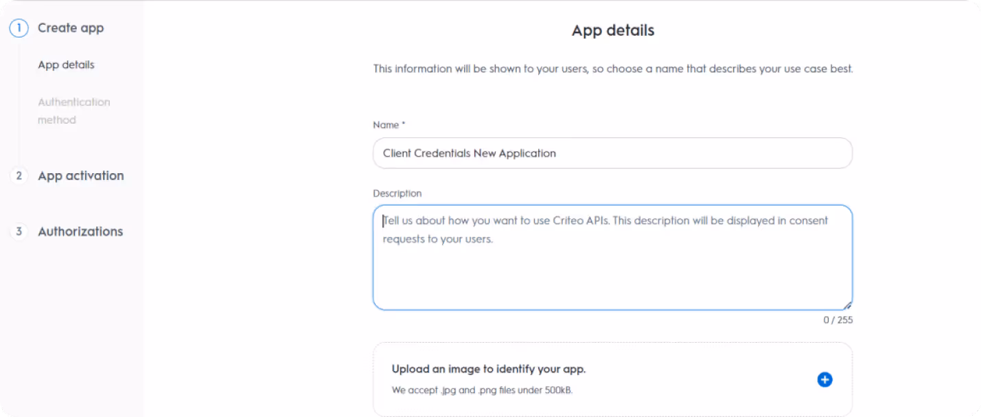 Application name and description fields populated in Criteo developer portal. i-shadow