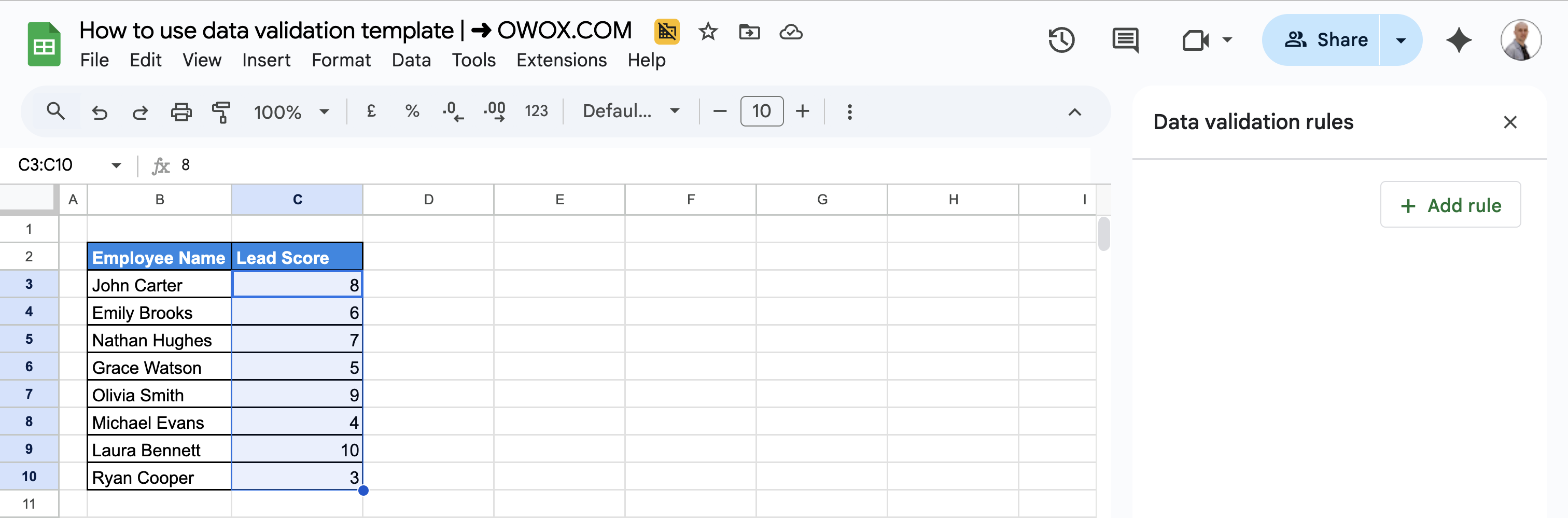 Sidebar in Google Sheets showing the option to add a new data validation rule. i-border