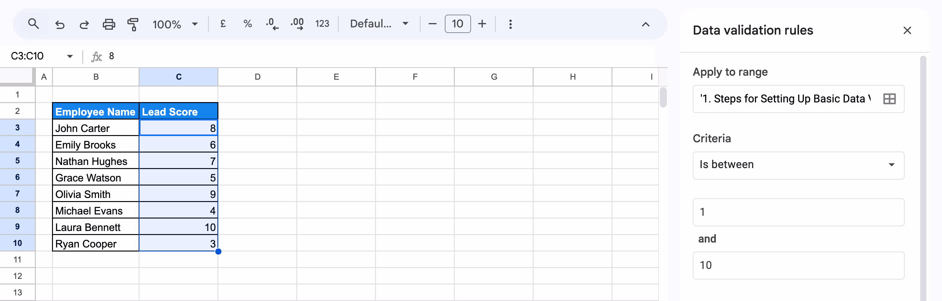 Criteria settings for applying a number range between 1 and 10 for data validation in Google Sheets. i-border