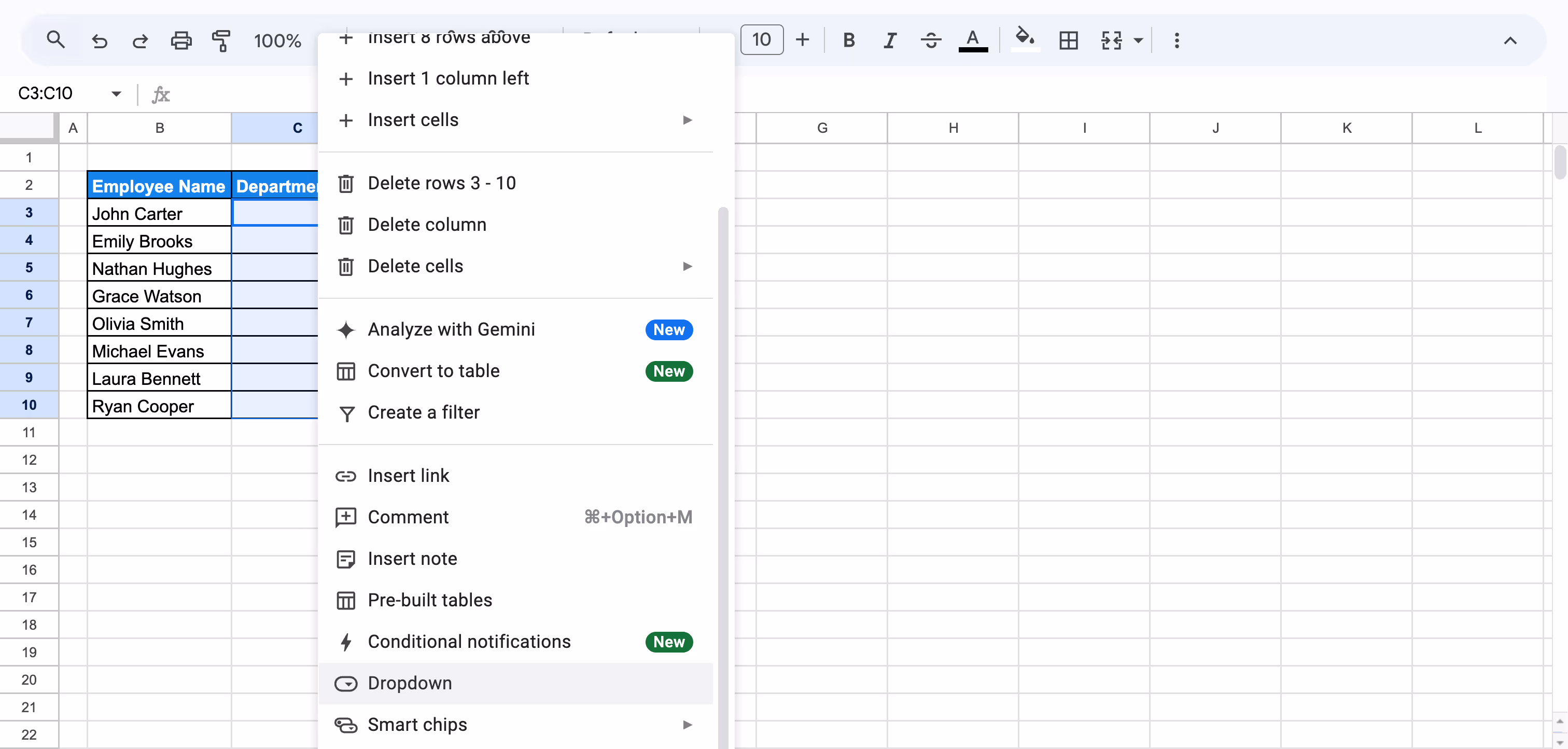 Google Sheets data validation option highlighted under the Data menu to restrict Department column entries. i-border