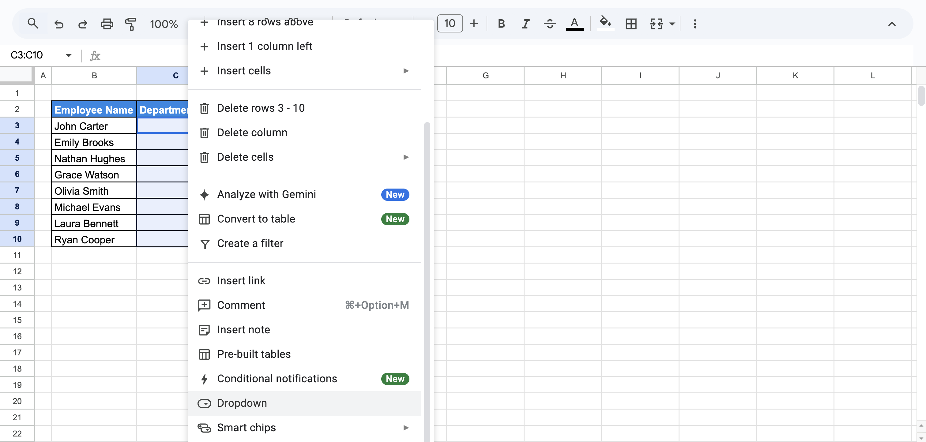 Google Sheets data validation option highlighted under the Data menu to restrict Department column entries. i-border