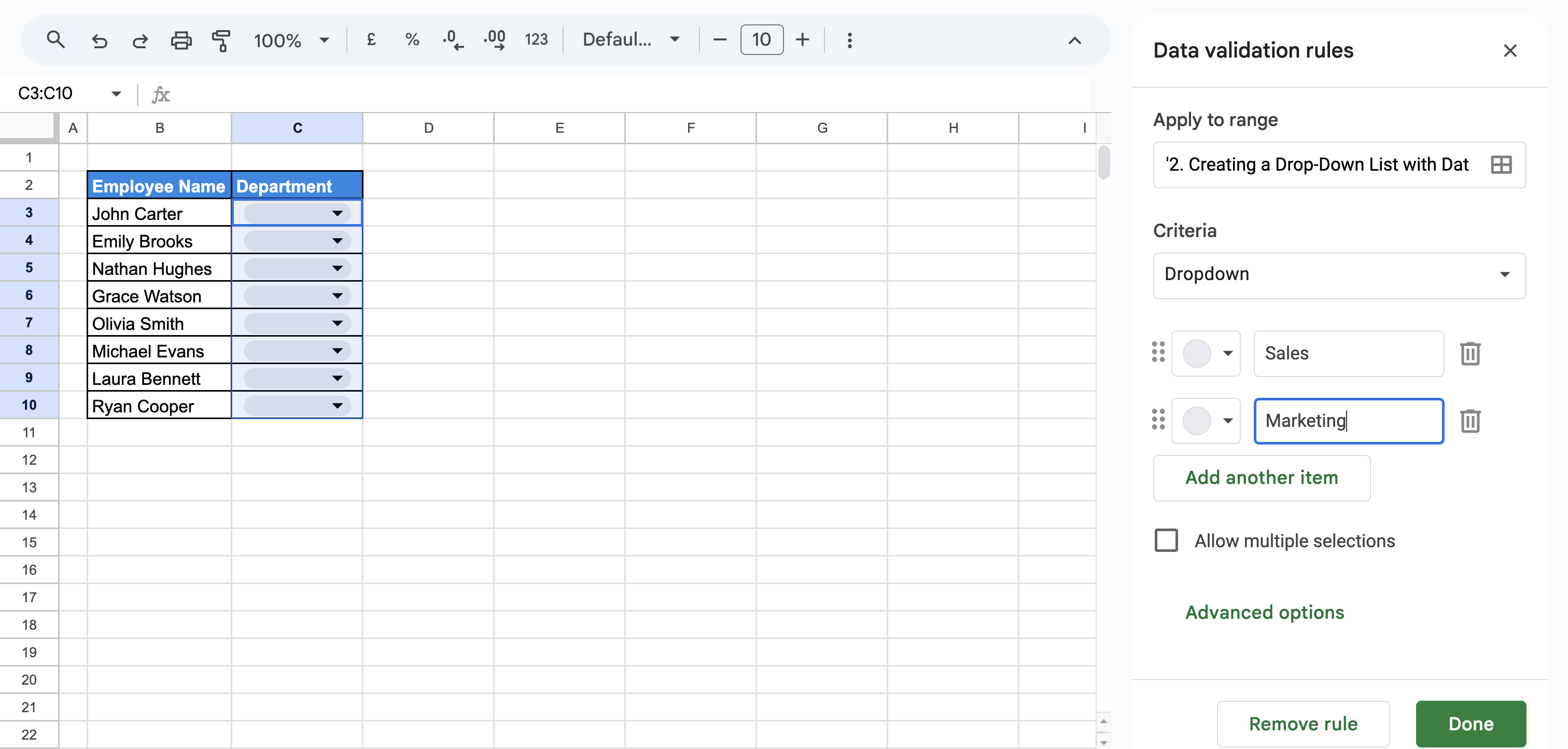 Google Sheets data validation dropdown setup with values “Sales” and “Marketing.” i-border