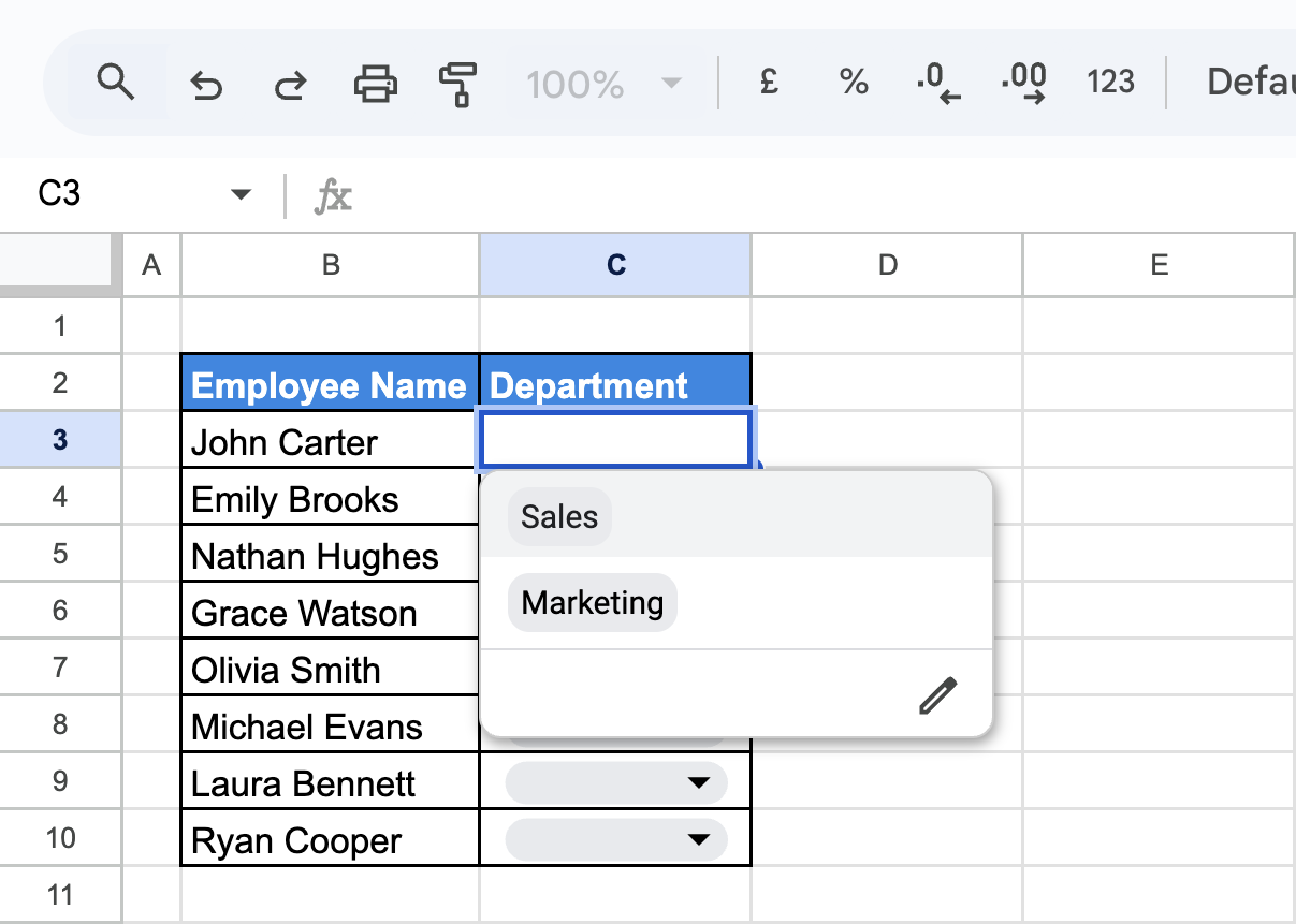 Active dropdown list applied through data validation in Google Sheets. i-border